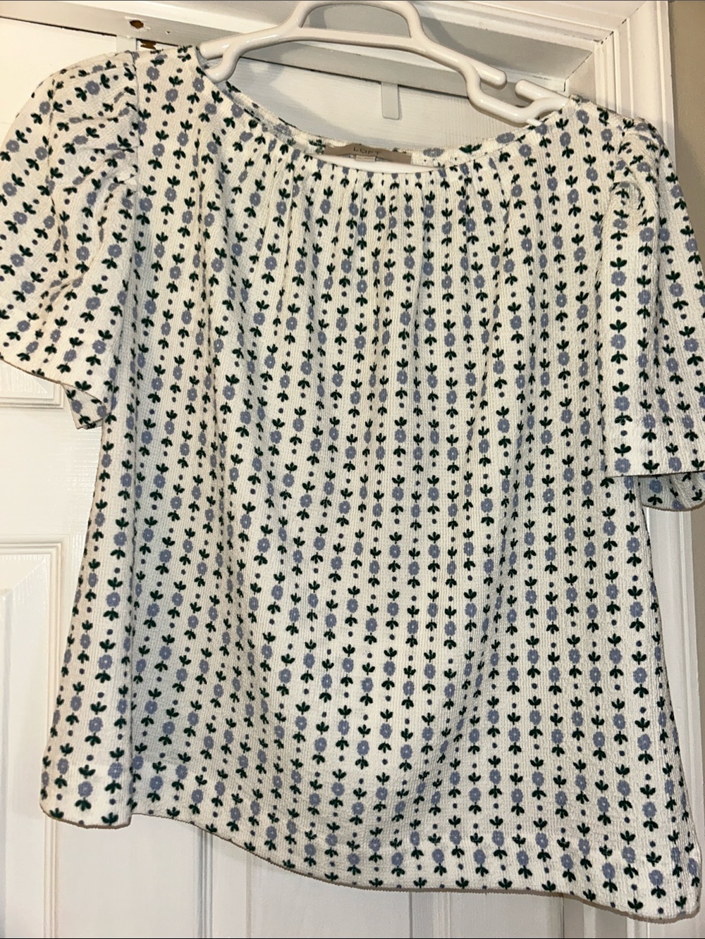 LOFT White Peasant Flutter Blouse with Blue and Green Floral Ditsy Print